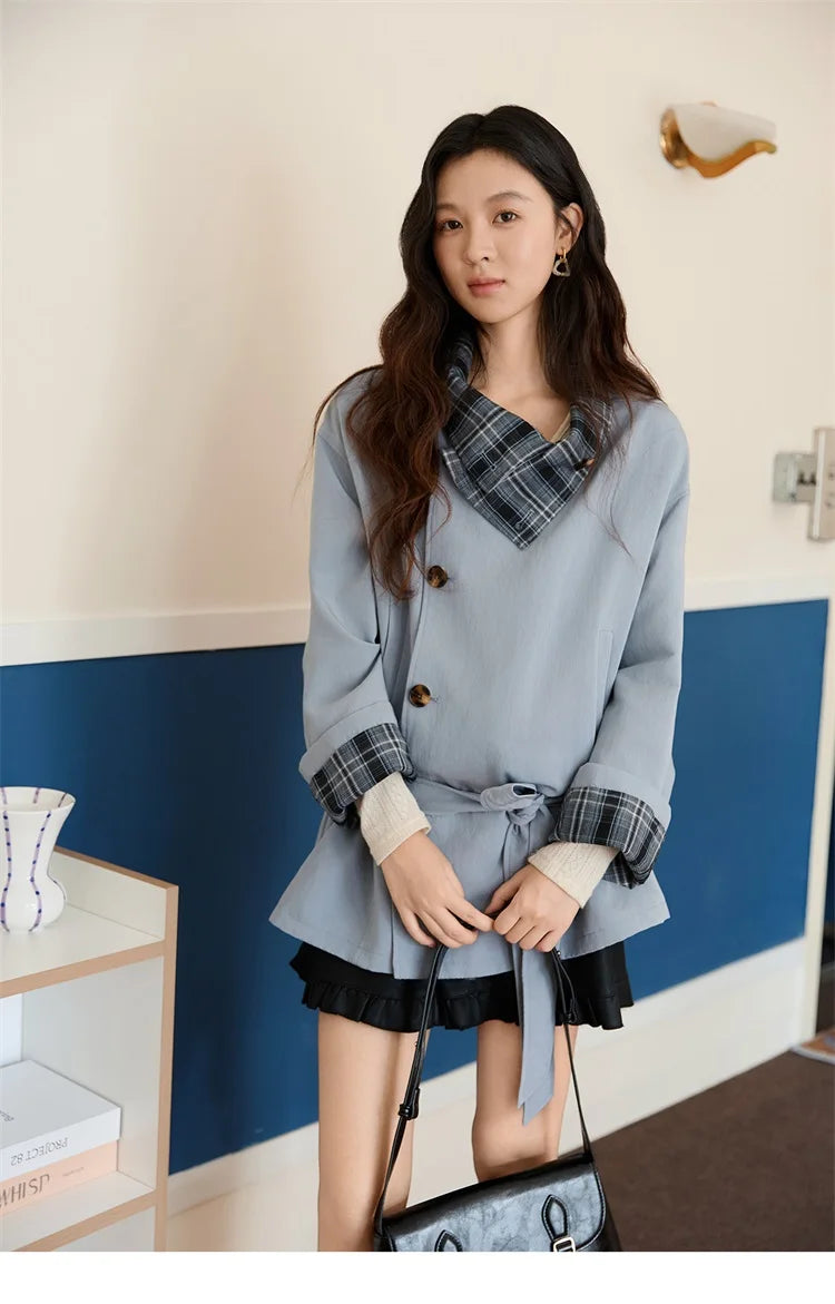 MISHOW Two Sided Outerwear Trench for Women Autumn Winter 2025 Blue Plaid Patchwork Diagonal Placket Belt Trench MXE48W0871