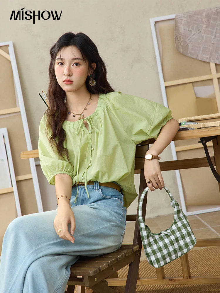MISHOW Women's Round Neck Blouse 2025 Summer New Fashion Lace Up Puff Sleeve Casual Chiffon Top Ladies Clothing MXE36X1875