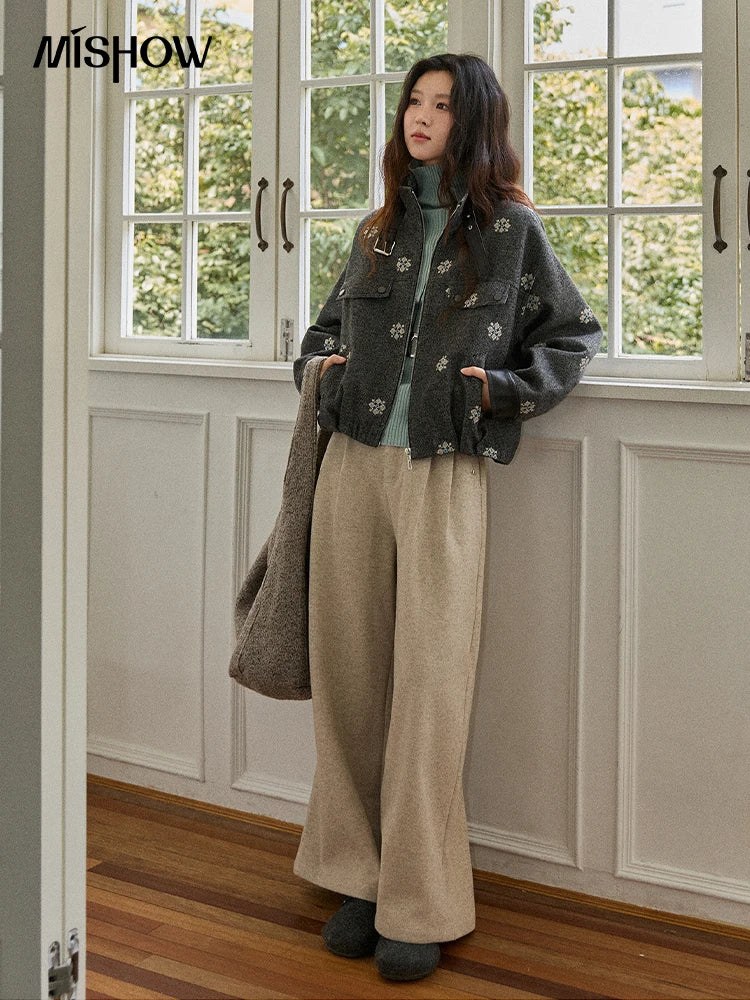 MISHOW Women's Wool Blend Jacket 2025 Winter Retro Small Flower Embroidery Decorated Coat Turtleneck Zipper Jacket MXE86W0906