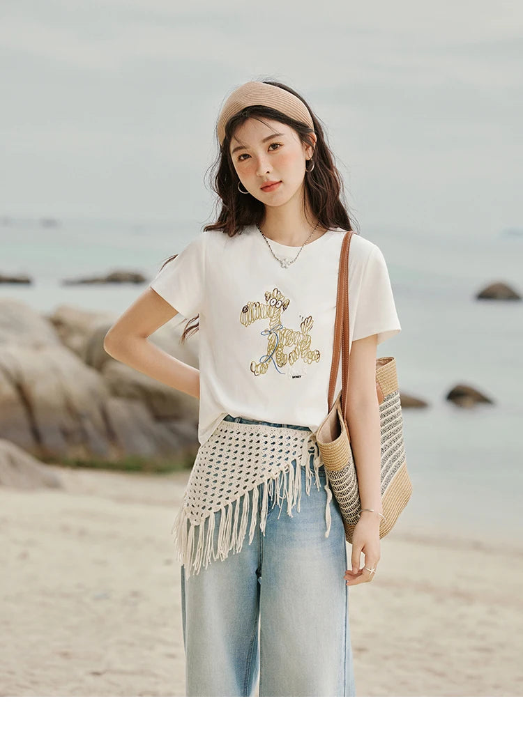 MISHOW Print Women‘s Summer T-shirts 2025 Short Sleeve Round Neck Loose Design Shirt Female Slim Embroidery Tops Lady MXE31T0550