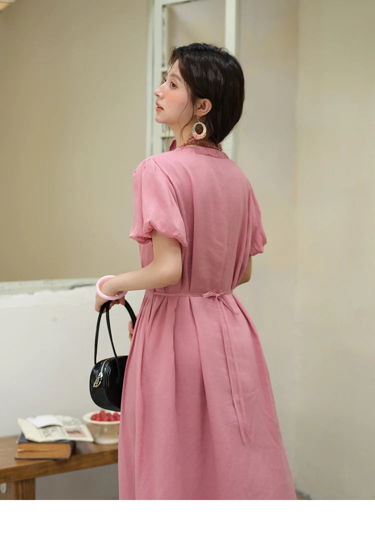 MISHOW Summer Fashion V-neck Dress Woman 2025 New Puff Sleeve Sashes Elegant Pocket Vacation Dresses Ladies Clothing MXE39L2381