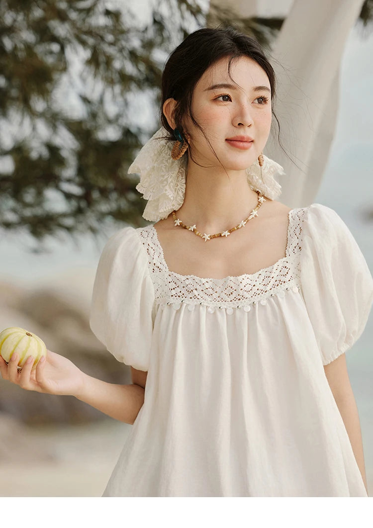 MISHOW French New Shirts Women Summer 2025 Short Puff Sleeve Square Collar Solid Splicing Lace Blouses Female Holiday MXE32X1780