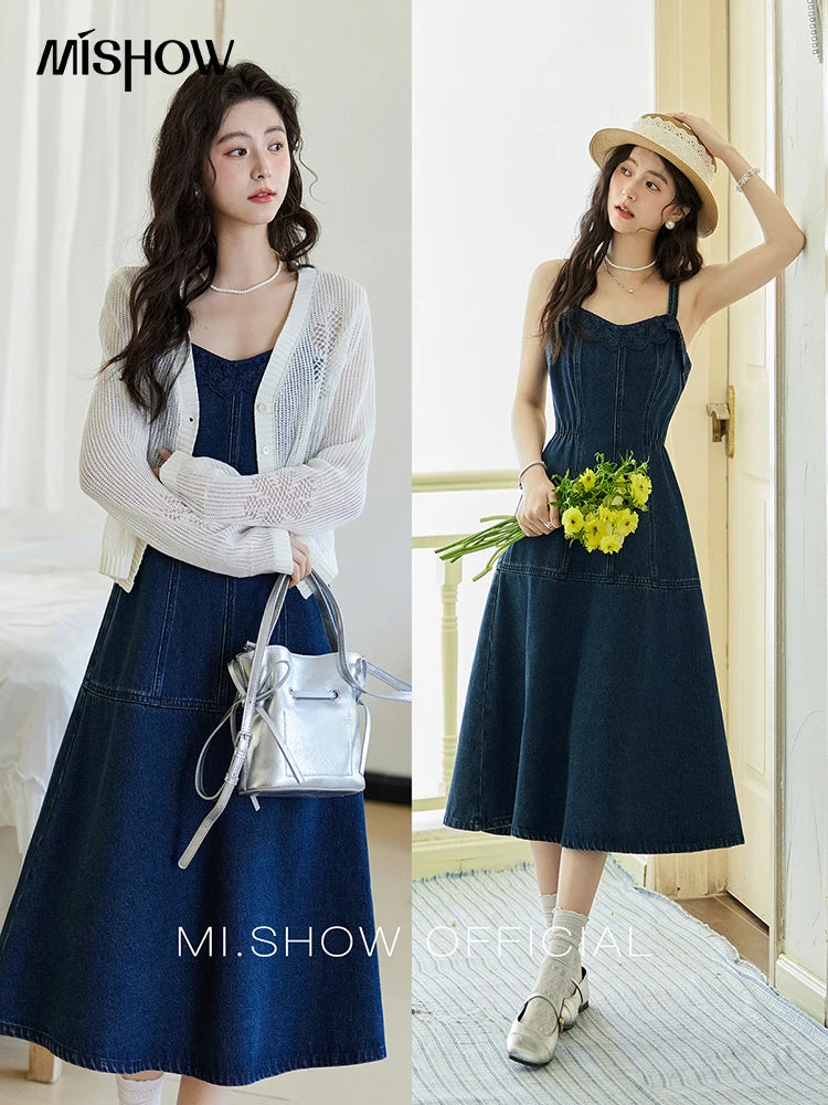 MISHOW Denim Camisole Dress Hollowed Out Cardigan Separately Spring Knitted Cardigan Lace Edge Waist Dress(Not A Set) MXE13L2094