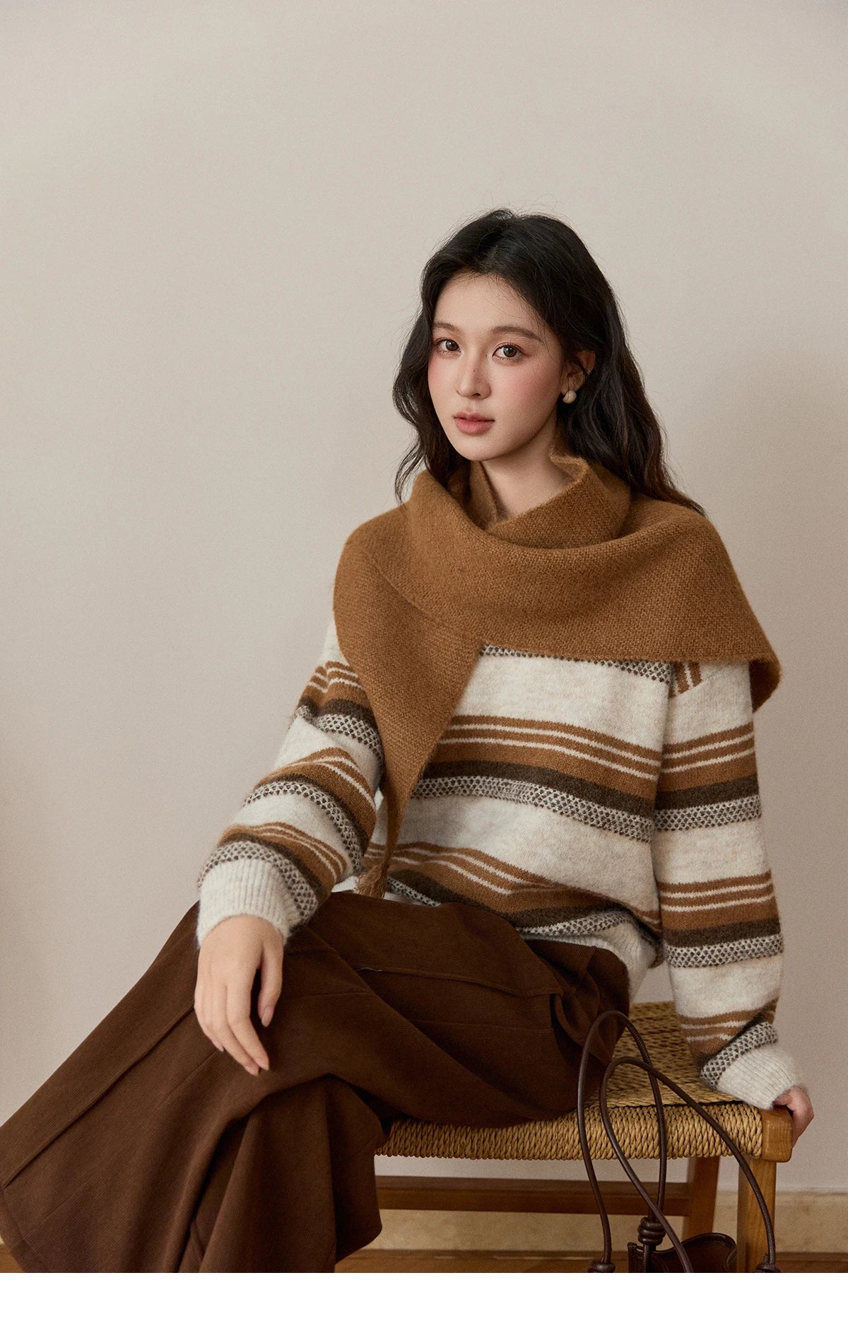 MISHOW Women's Wool Blend Retro Striped Sweater with Scarf Set 2025 Winter Knitted Round Neck Warm Loose Sweaters MXE94Z2987