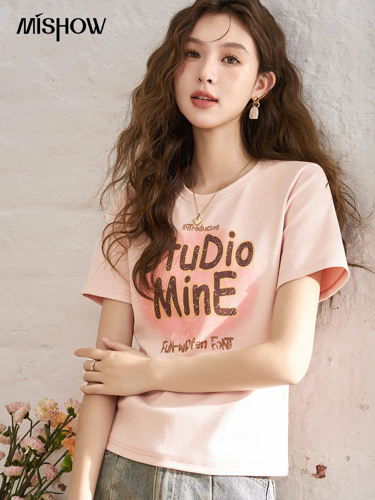 MISHOW Letter Print Short Sleeve T-shirt for Women 2024 Spring Summer New Loose Casual Tshirt Woman Crew Neck Tee Top MXD13T0164