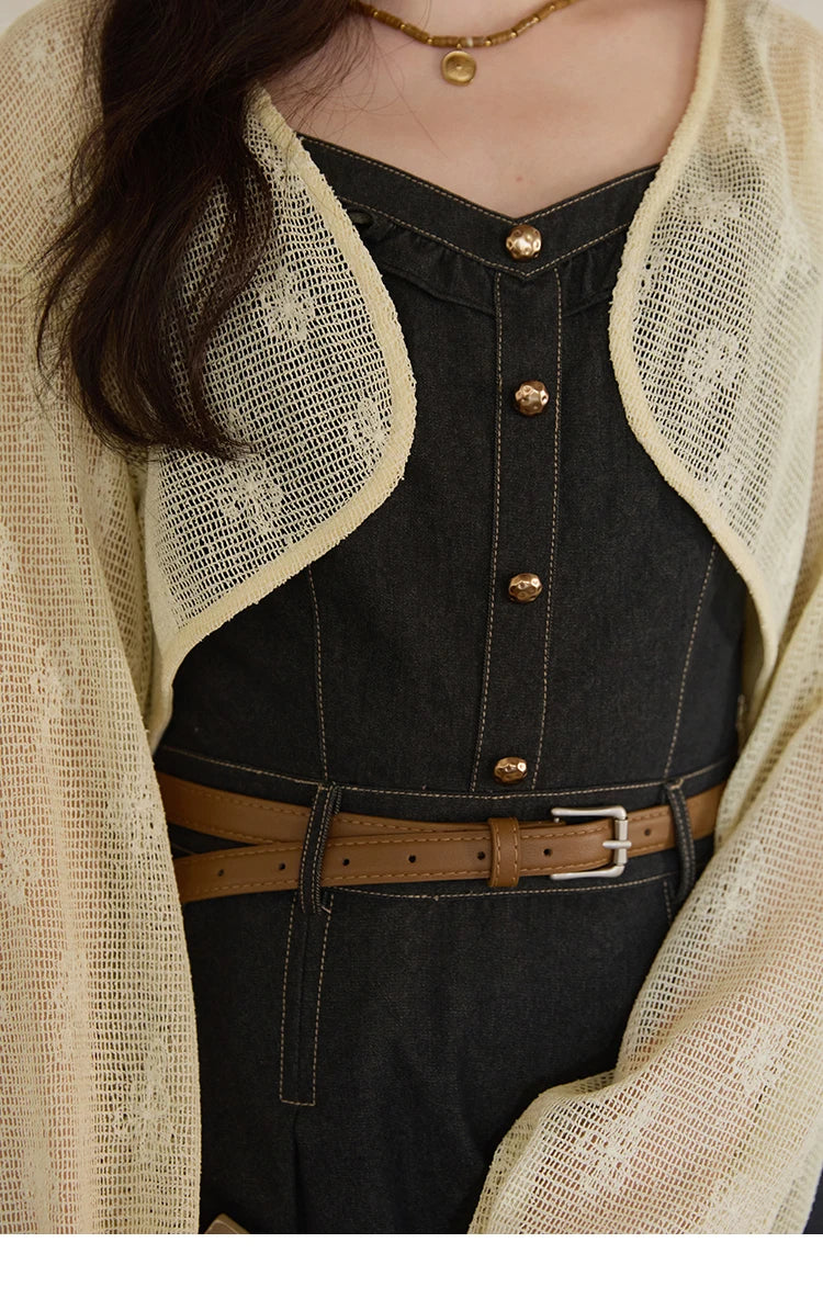 MISHOW Women's Two-Piece Set 2025 Lantern Sleeves Knitted Cardigan Imitation Denim Strap Dress Set With Belt Included MXE41T0704