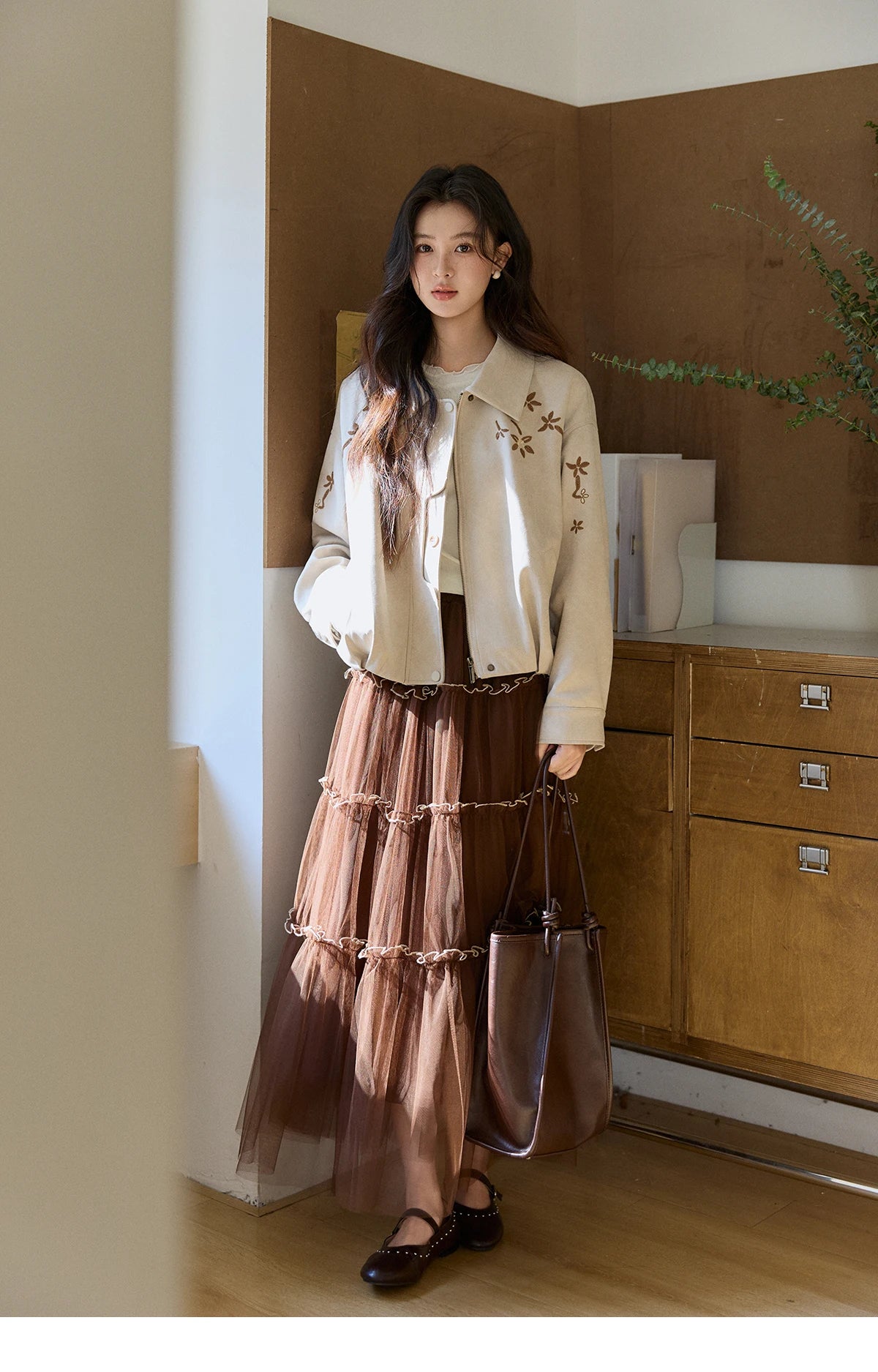 MISHOW Women's Imitation Suede Jacket2026 Spring Floral Embroidery Lapel Zipper Coats Long Sleeve Casual Outerwear MXF11W1027