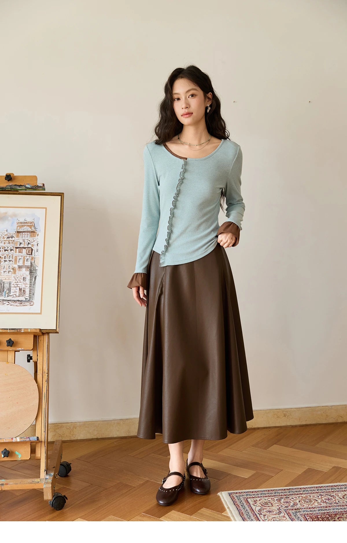 MISHOW PU Leather Skirt for Women 2025 Autumn High Waist A-line Skirt Retro Coffee Versatile Skirts Excluding Belt MXE45B2412