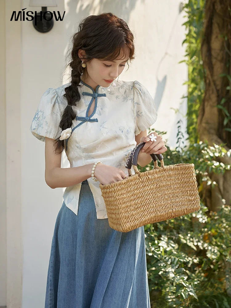 MISHOW Chinese Embroidered T-shirt High Waist Skirt Separately Summer 2024 Short Sleeve Split Hem Tops Denim Skirts MXD28X1604