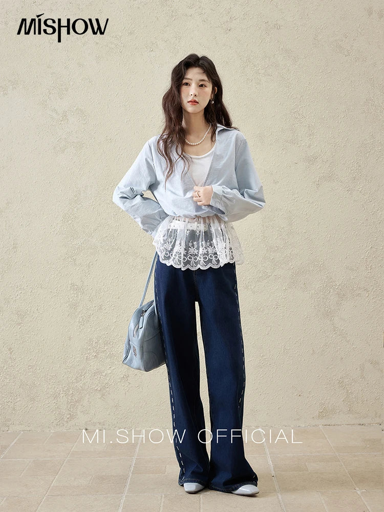 MISHOW French Spring Shirts Women 2025 Long Sleeve Turn-down Collar Fake Two-piece Blouses Female Splicing Lace Tops MXE16C0783