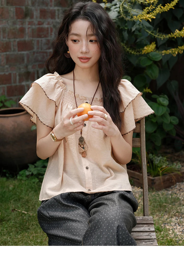 MISHOW Women's Fashion Butterfly Sleeve Blouse Summer 2025 New Loose Casual Square Neck Button Top Women's Clothing MXE37X1854