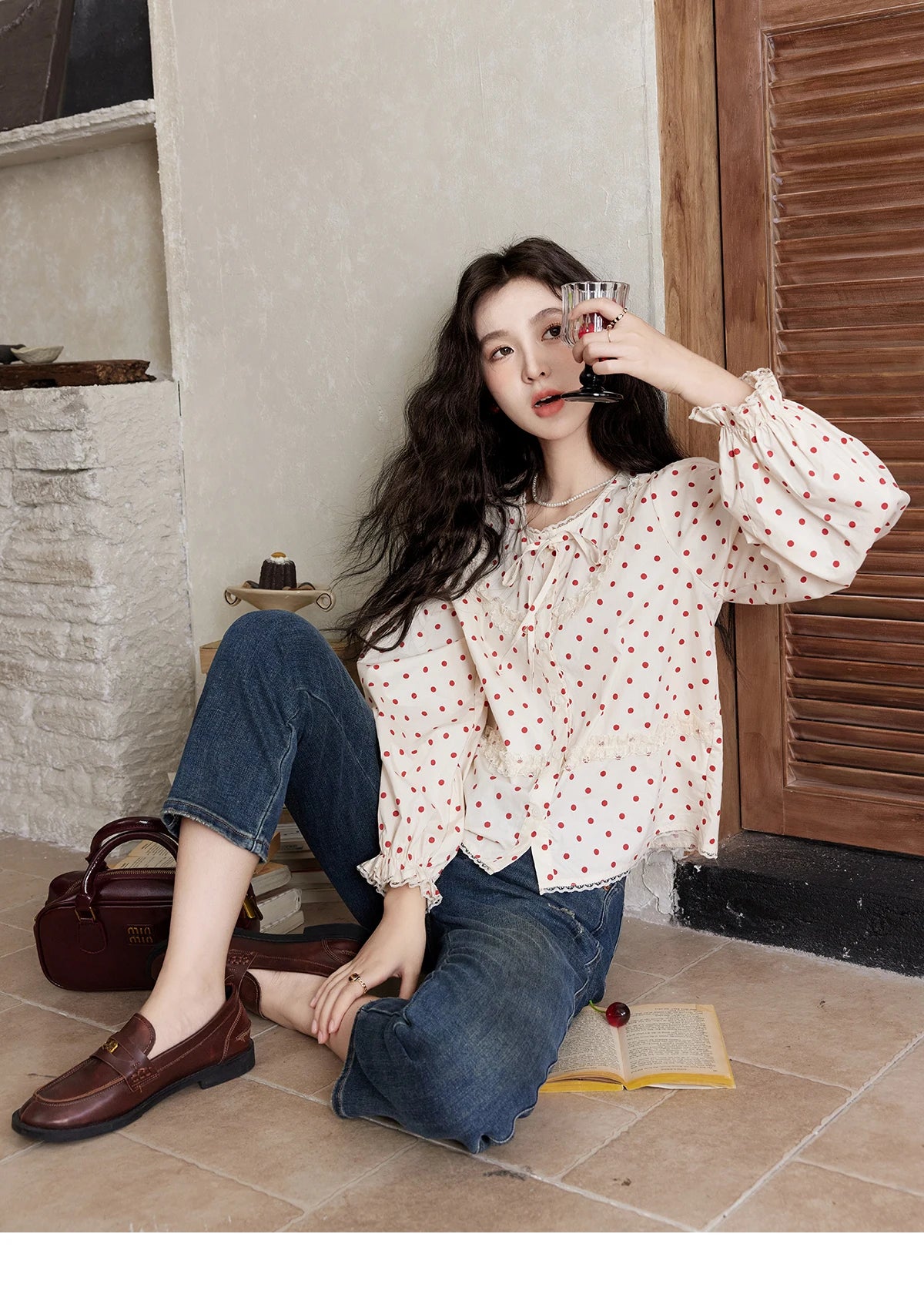 MISHOW Lace Up Polka Dot Round Neck Lace Shirt for Women Autumn 2024 Thin Sweets Shirt Elastic Petal Cuffs Chic Top MXD44X1667