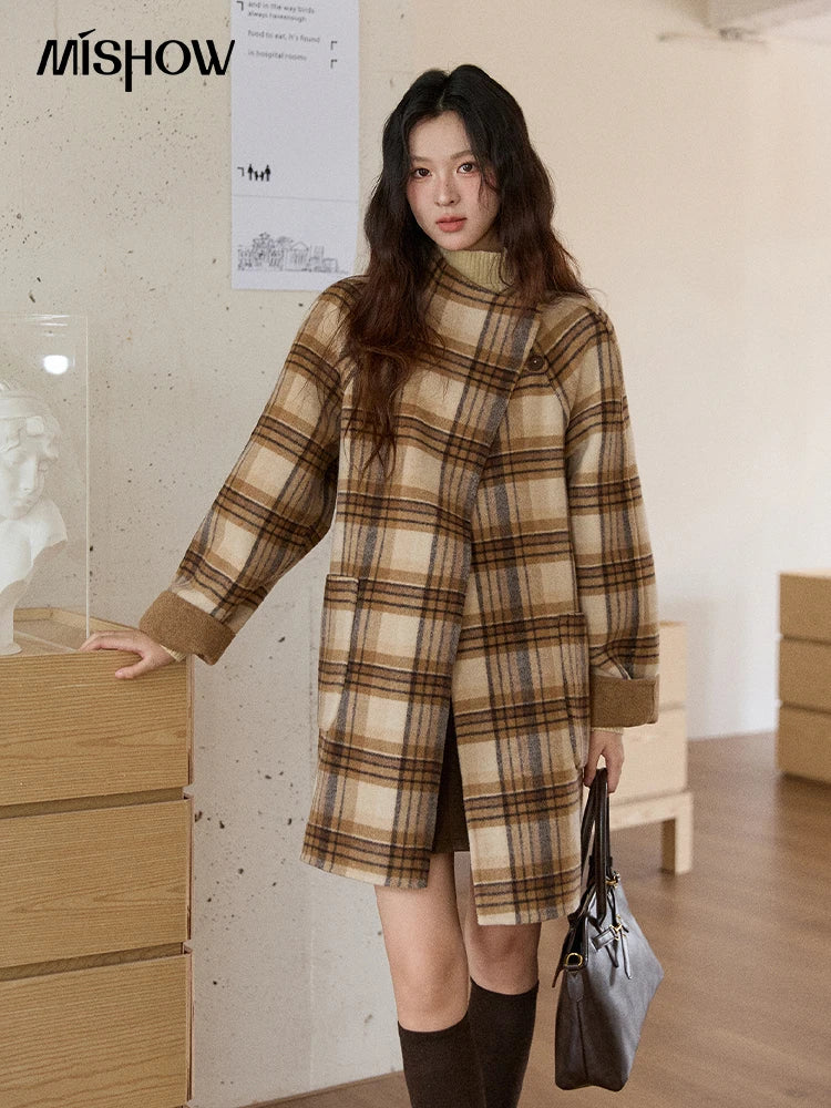 MISHOW Plaid Double-faced Wool Coat Women 2025 Winter Retro Lapel Single Buckle Loose Mid-length Coat Woman Clothes MXE89W0898