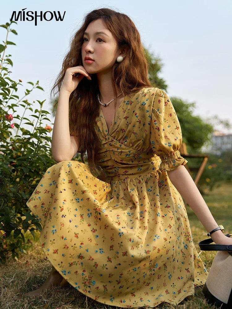 MISHOW Women's Retro Puff Sleeve Flower Dress 2025 Summer Waist Slim A-LINE V-Neck Shirring Female Ankle-Length Dress MXC33L1374