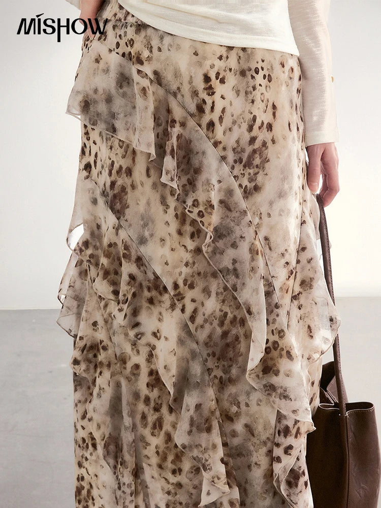 MISHOW Women's Leopard Print Maxi Skirt Spring Ruffled Chiffon Elastic Waist Skirts Casual Retro Flowy Long Skirt MXF108B0772