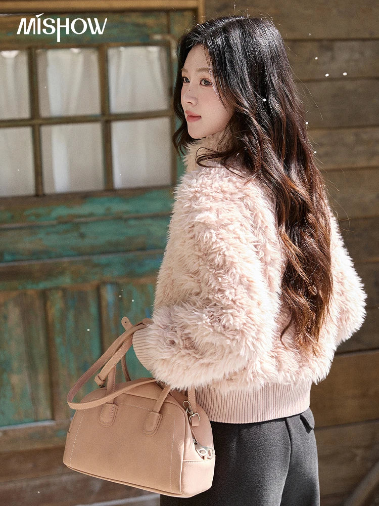 MISHOW Women's Pink Stand Collar Faux Lamb Wool Coat Winter Flower Brooch Warm Outerwear with Pockets Metal Zipper MXE91W0974