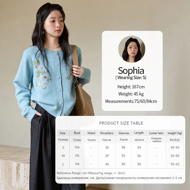 MISHOW Blue Floral Embroidered Cardigan for Women 2025 Autumn Winter New Loose Crew Neck Long Sleeves Sweater Wool MXE51Z2695