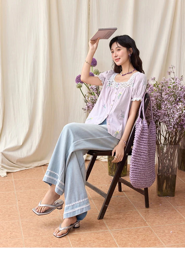 MISHOW Women's Lace Patchwork Embroidered Blouses 2025 Summer Korean Elegant Square Collar Blouse Short Sleeved Tops MXE36X1830