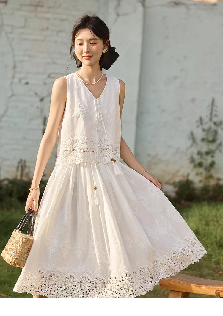 MISHOW 2 Pieces Set Woman Embroidery V-neck Hollow Lace Up Sleeveless Top Summer 2025 Slim Elastic Waist Skirt Set MXE33T0593