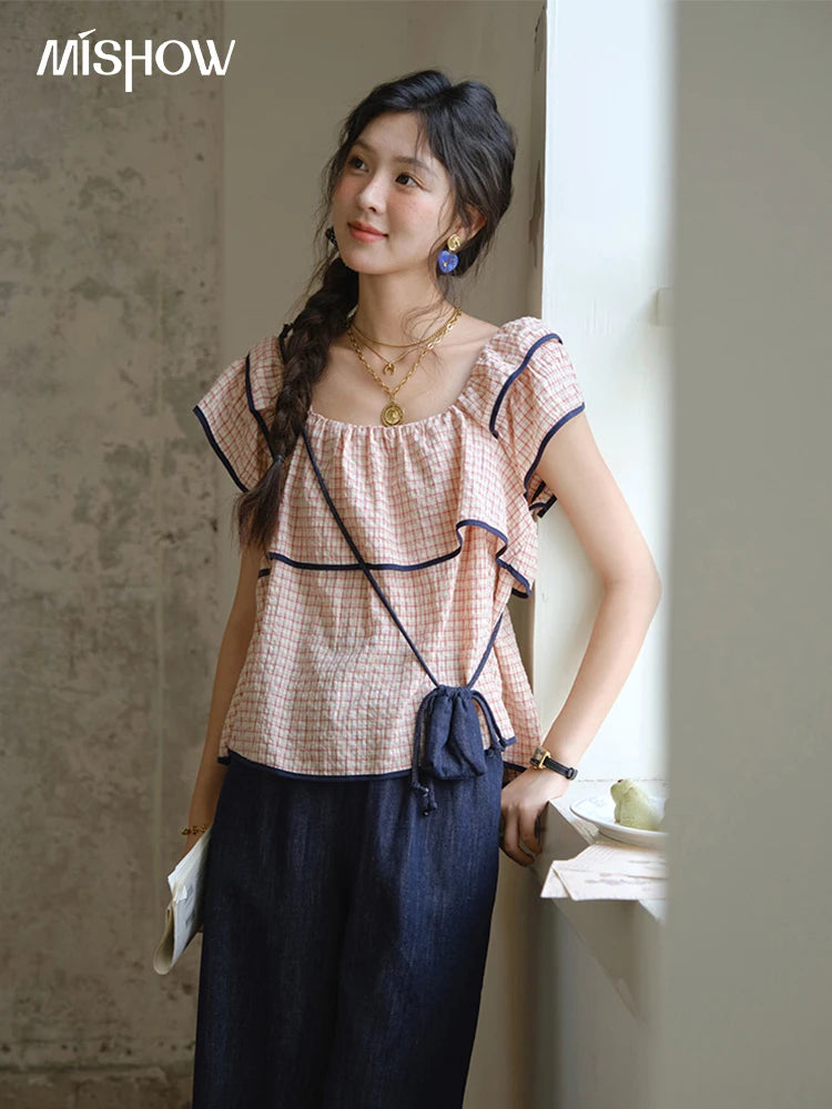 MISHOW Two-Piece Ladies Set Square Neck Ruffles Plaid Blouse High Waist Slim Wide Leg Casual Pants Set 2025 Summer MXE36T0636