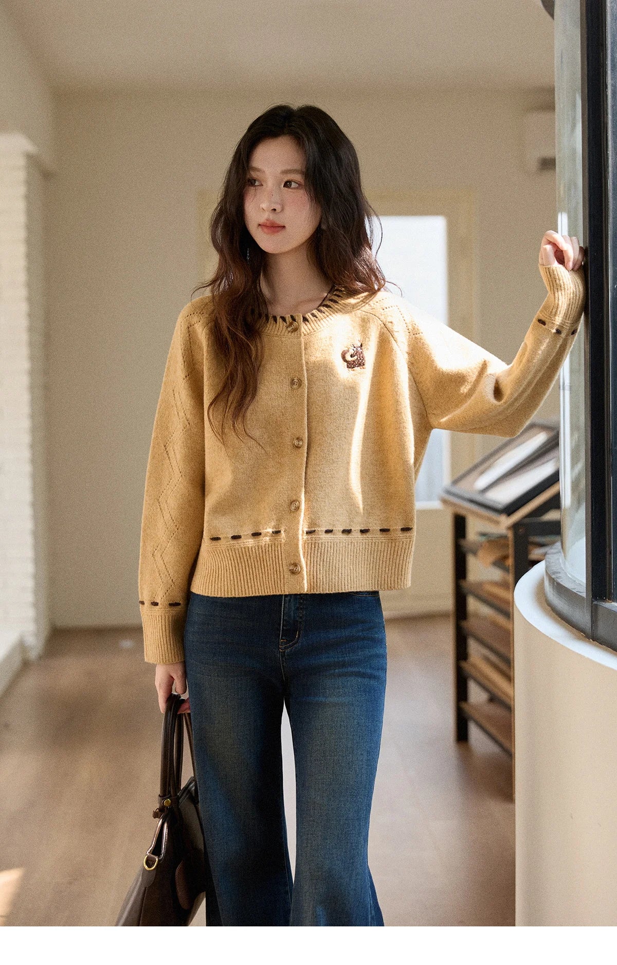 MISHOW Winter Knit Women's Cardigan 2025 New Little Fox Embroidered Sweater Retro Orange Loose Long-sleeved Tops MXE88Z2598