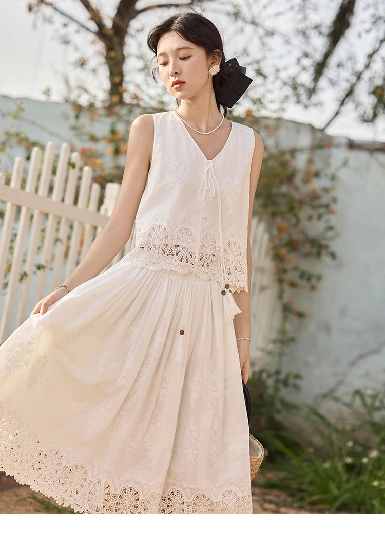 MISHOW 2 Pieces Set Woman Embroidery V-neck Hollow Lace Up Sleeveless Top Summer 2025 Slim Elastic Waist Skirt Set MXE33T0593