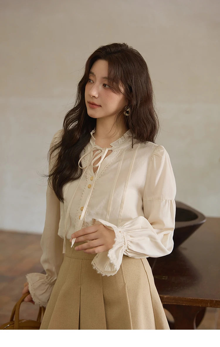 MISHOW French 100% Lyocell Apricot Shirt 2025 Autumn Flared Sleeves Lace Edges Shirts V-neck Slim Top Office Lady MXE41C2351