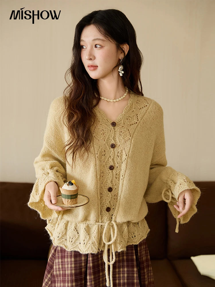 MISHOW Elegant Cardigan Women 2025 Autumn Design Hollow Knit Sweater V-neck Flared Sleeves Loose Casual Sweater MXE47Z2513
