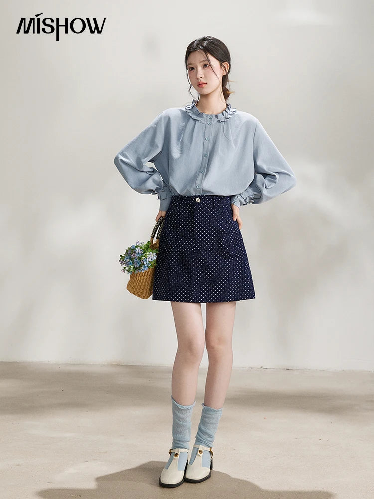 MISHOW Women's Peach Skin Solid Shirt 2026 Spring Ruffled Crew Neck Single-breasted Tops Casual Long Sleeve Shirts MXF11C2431