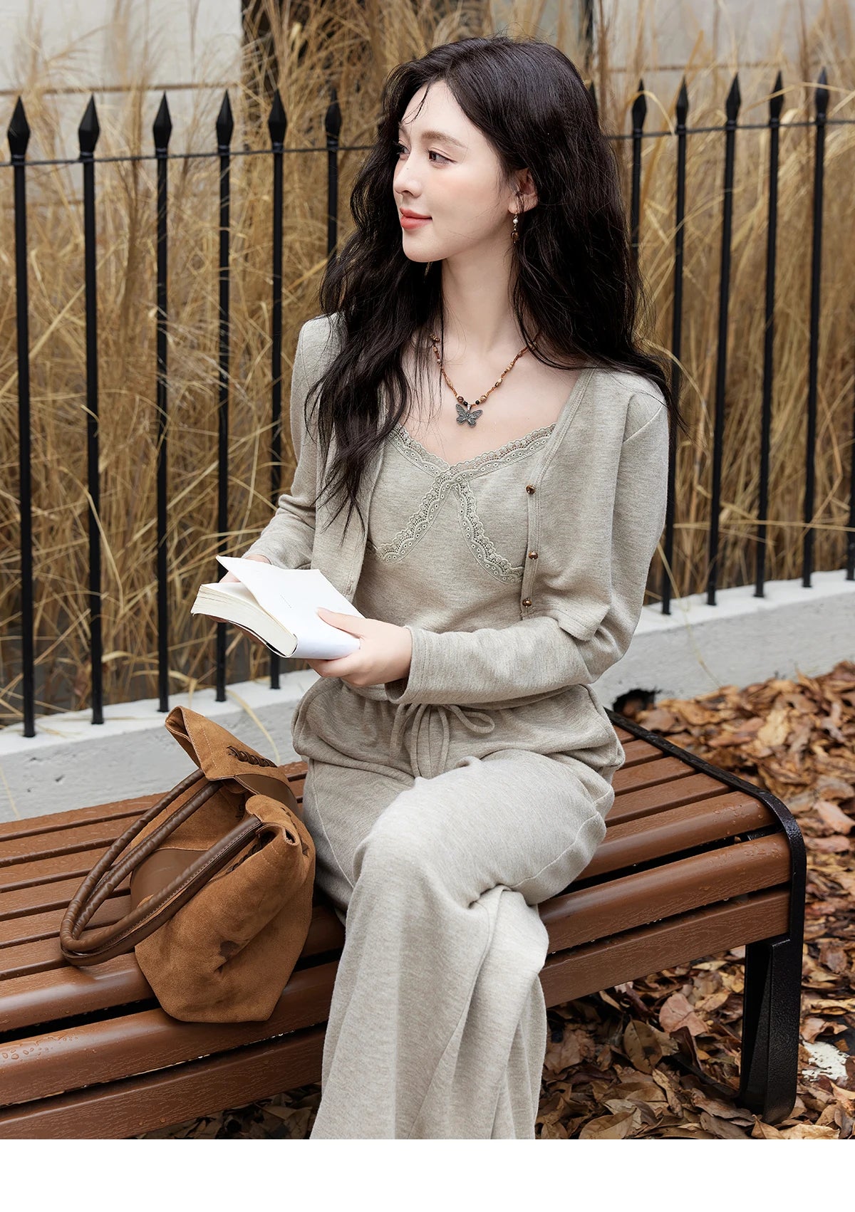 MISHOW French Women Lace Splicing Camisole Cardigan Straight Pants Separately Solid Top Elastic Waisted Pants MXD47T0405