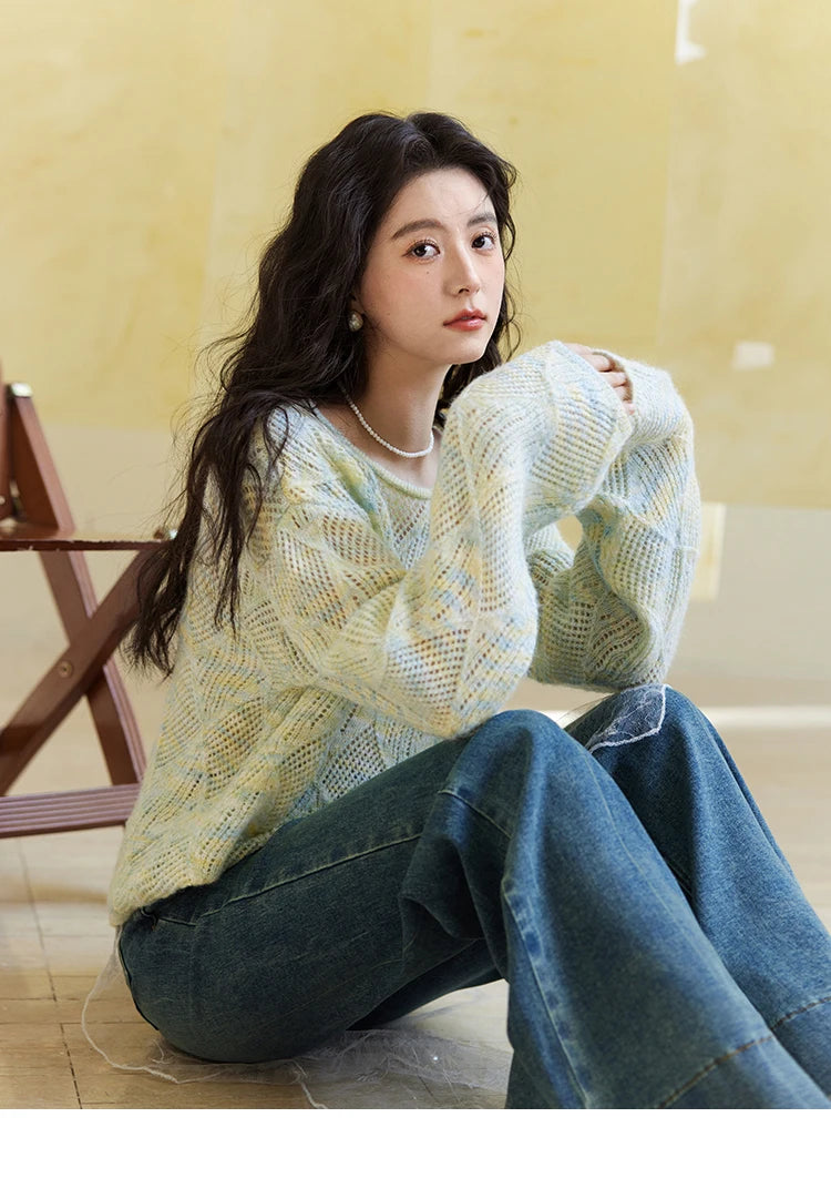 MISHOW Women's Hollow Knitted Sweater 2025 Spring Loose Thin Dropped Shoulder Top Wool O Neck Hem Wavy Edge Sweaters MXE14Z1208