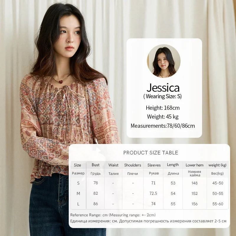 MISHOW Blouse Women 2025 National Style Printed Waist Round Neck Long-sleeved Top Commute Comfortable Autumn Blouse MXE47X2508