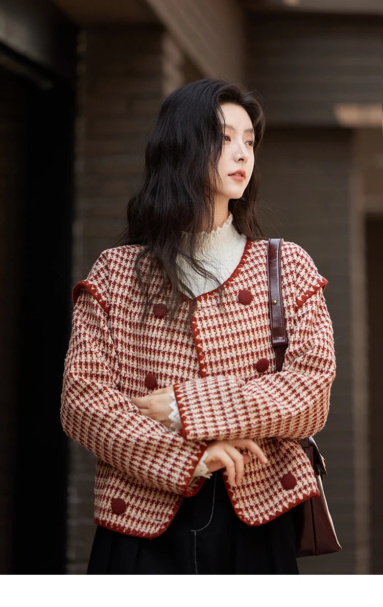 MISHOW Plaid Tweed Jacket Women Red Double Breasted Long Sleeve Tops 2024 Winter French Elegant Design Short Coat MXD56W0631