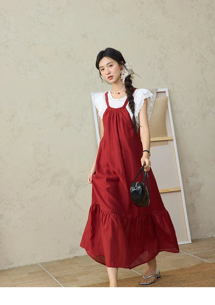 MISHOW Red Linen Strap Midi Dress Summer Sleeveless Casual Vacation Dress Hanging Neck Loose A-LINE Dress (Not A Set) MXE36L2309