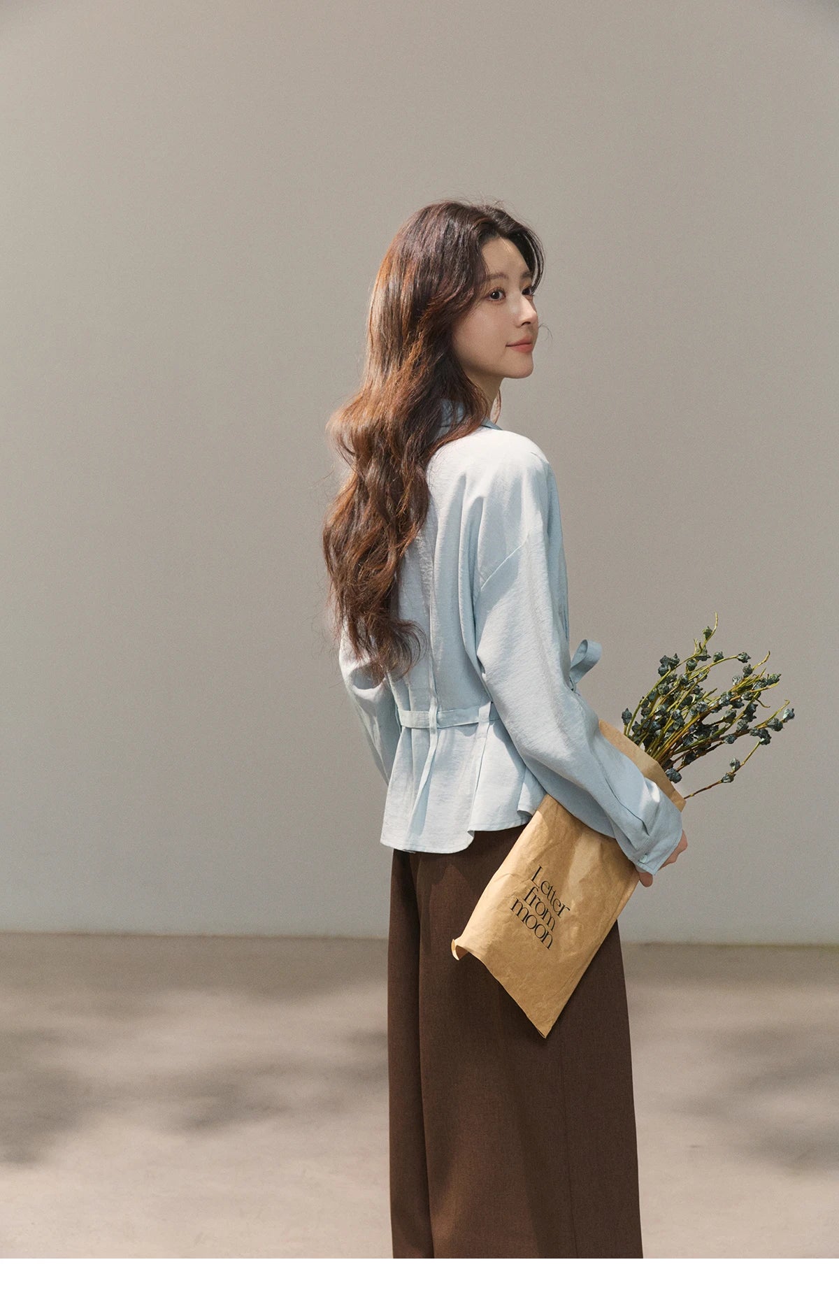 MISHOW Women's Light Blue Lyocell Shirt 2026 Spring Polo Neck V-neck Belted Waist Shirt Casual Peplum Long Sleeve Top MXF13C2437