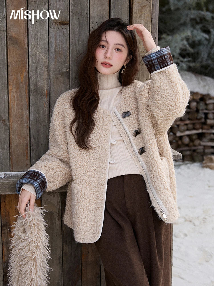 MISHOW Plaid Patchwork Curly Lambswool Coat Winter 2025 Women's Fashion Coat Double-Front Retro Casual Loose Jacket MXE87W0939