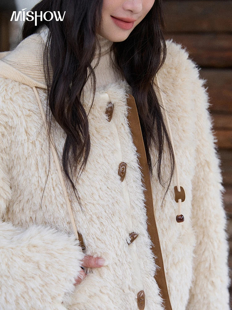 MISHOW Winter Jacket Women 2025 Fashion Beige Knitted Hooded Plush Coat Casual Commute Warm Windproof Short Coat MXE86W0908