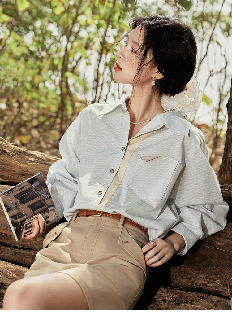 MISHOW Light Blue Striped Shirt for Women Spring 2025 Contrast Color Placket Shirt 100 Cotton Polo Neck Commuting Top MXE15C0762