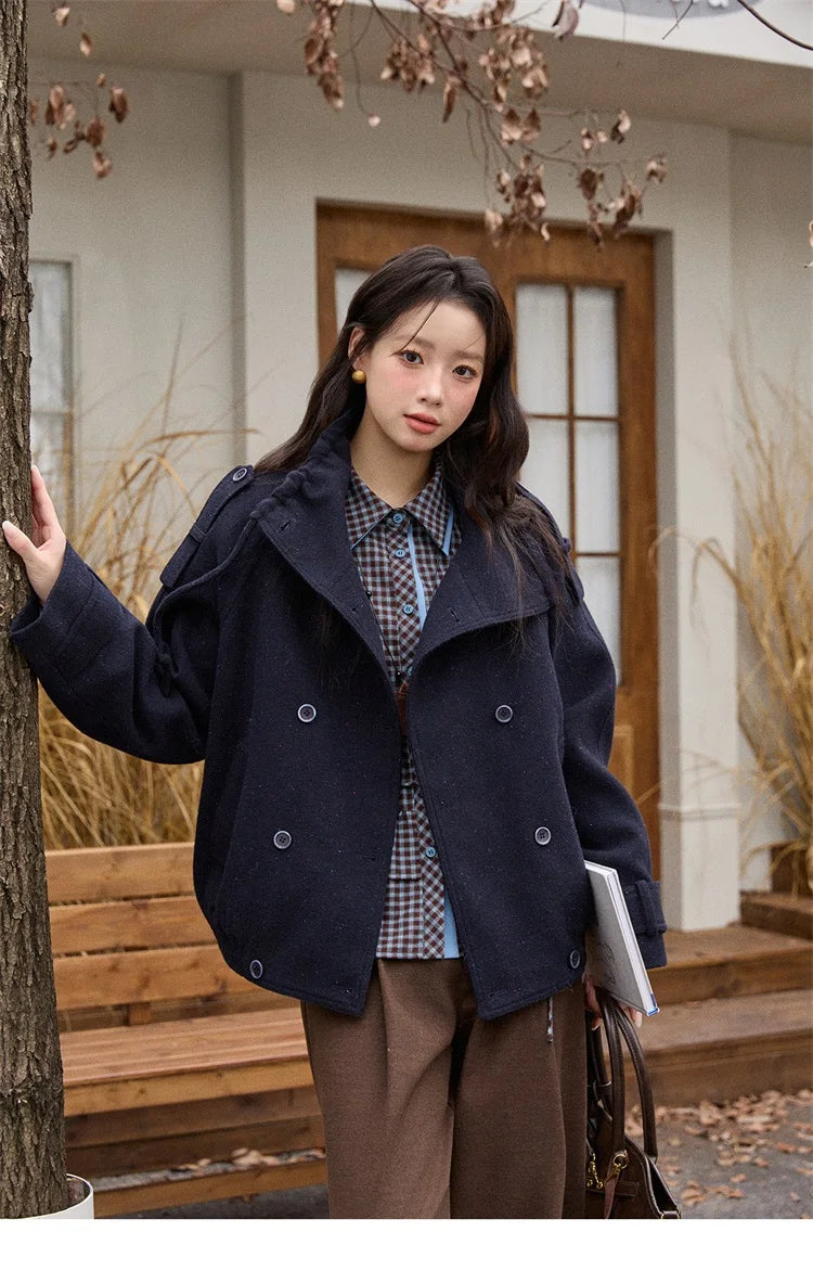 MISHOW Retro Blue Plaid Shirt for Women 2025 Autumn Winter Lapel Lantern Sleeves Ruffled Hem Top Slim Casual Shirt MXE89C2420