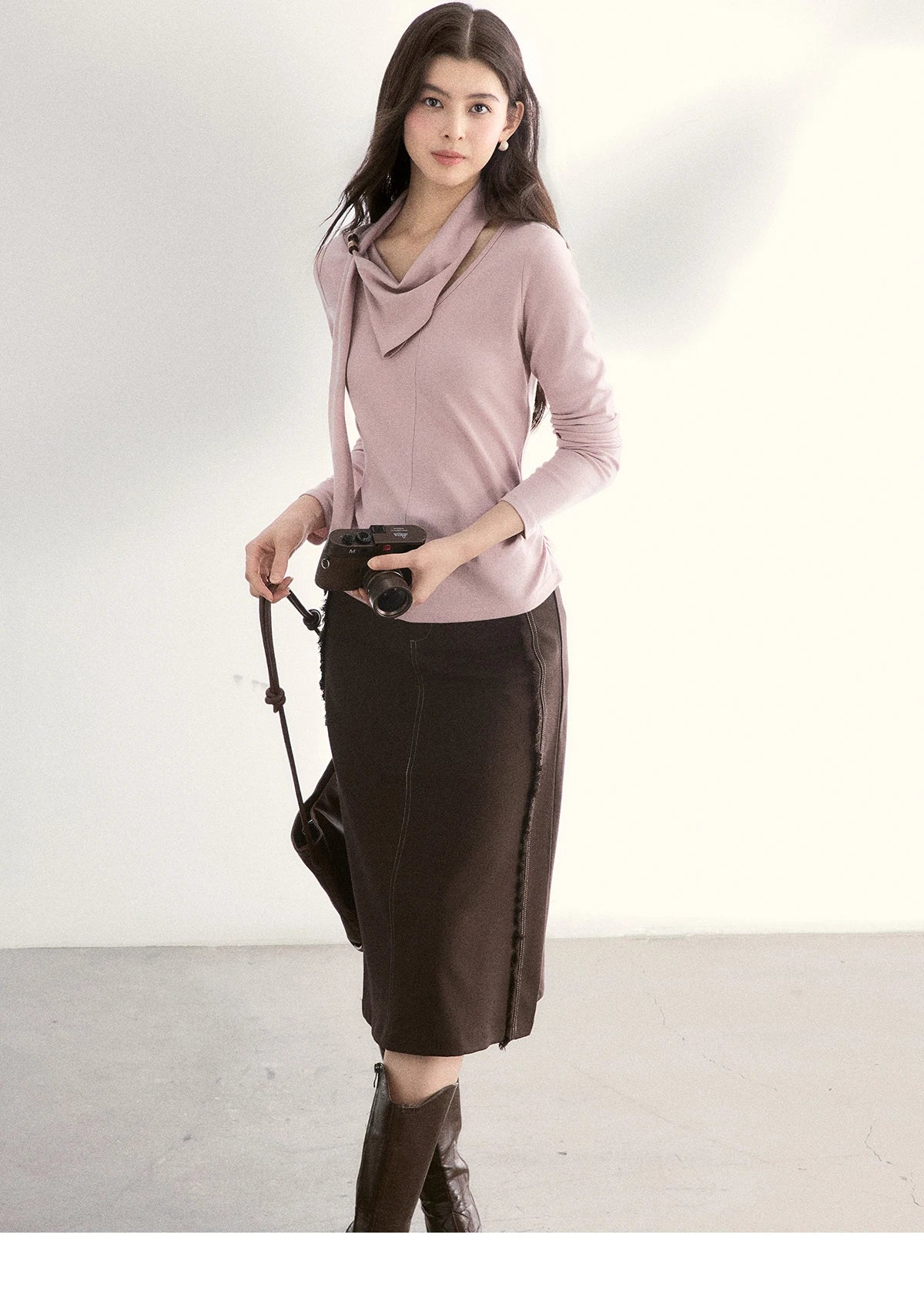 MISHOW Women's Scarf Neck Pink Long Sleeve Top 2026 Spring Color Collision Bead Asymmetrical Tops Knitted Sweaters MXF108Z1025