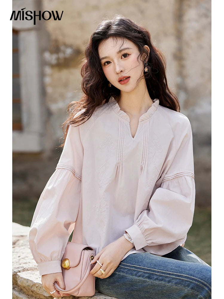 MISHOW Pink French Shirt Women Autumn New 2025 Long Sleeve Solid Cotton Ruffled Blouses Woman Fashion Loose Tops Lady MXE13X1699