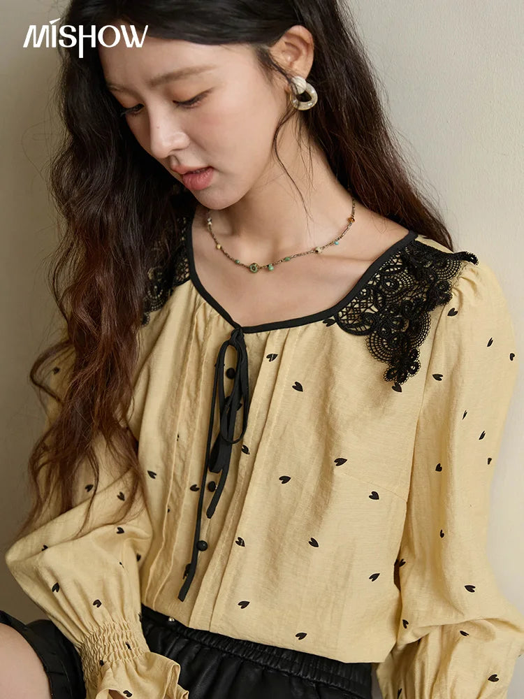 MISHOW Women's Yellow Heart Printed Shirt Autumn Lace Hollowed Out Collar Bubble Sleeve Top Lace-up Commuter Shirts MXE41X1949