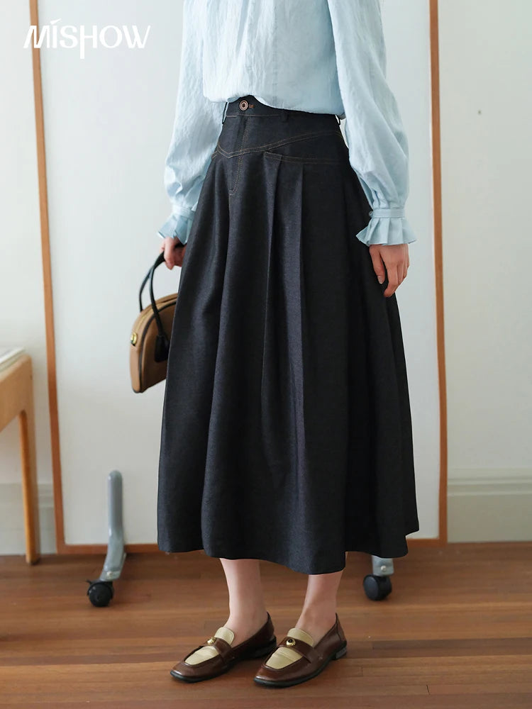 MISHOW High Waist Pleated Umbrella Denim Skirt 2025 Autumn A-LINE Deep Blue Skirts Female One Button Casual Skirts MXE41B2372