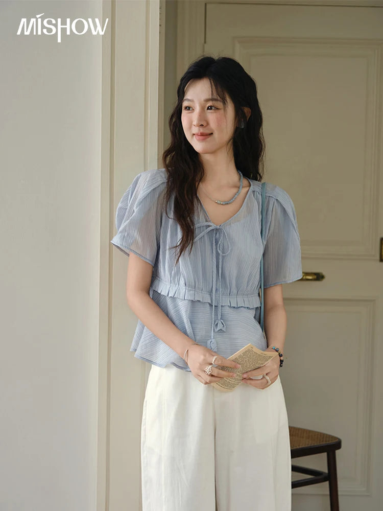 MISHOW Women's Fashion V-neck Blouse Summer 2025 New Splicing Button Commut Ladies Lace Up Casual Short Sleeve Top MXE34X1821