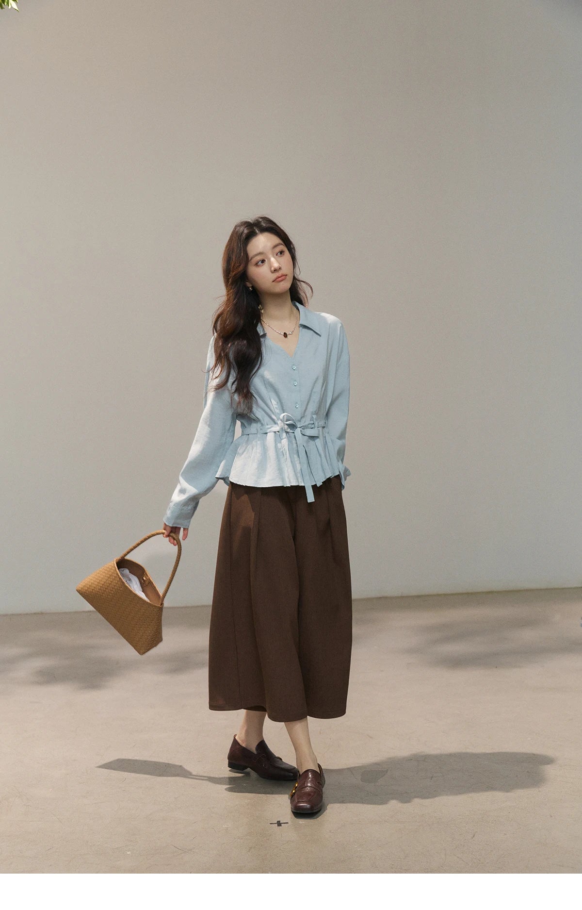 MISHOW Women's Light Blue Lyocell Shirt 2026 Spring Polo Neck V-neck Belted Waist Shirt Casual Peplum Long Sleeve Top MXF13C2437