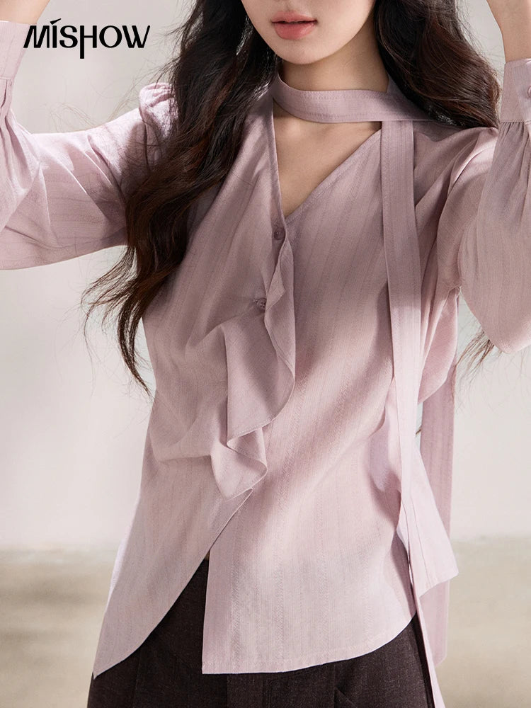 MISHOW Women's Purple Sweet Shirts 2026 Spring Ribbon V-Neck Ruffled Asymmetrical Shirt Back Lace-up Waist Casual Top MXF13X2527