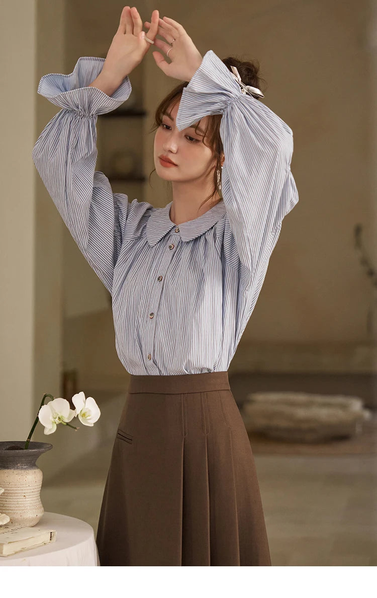 MISHOW Women's Blue Stripe Shirt 2024 Spring Fashion French Retro Bubble Sleeves Doll Neck Loose Tops Office Lady MXD12C0163