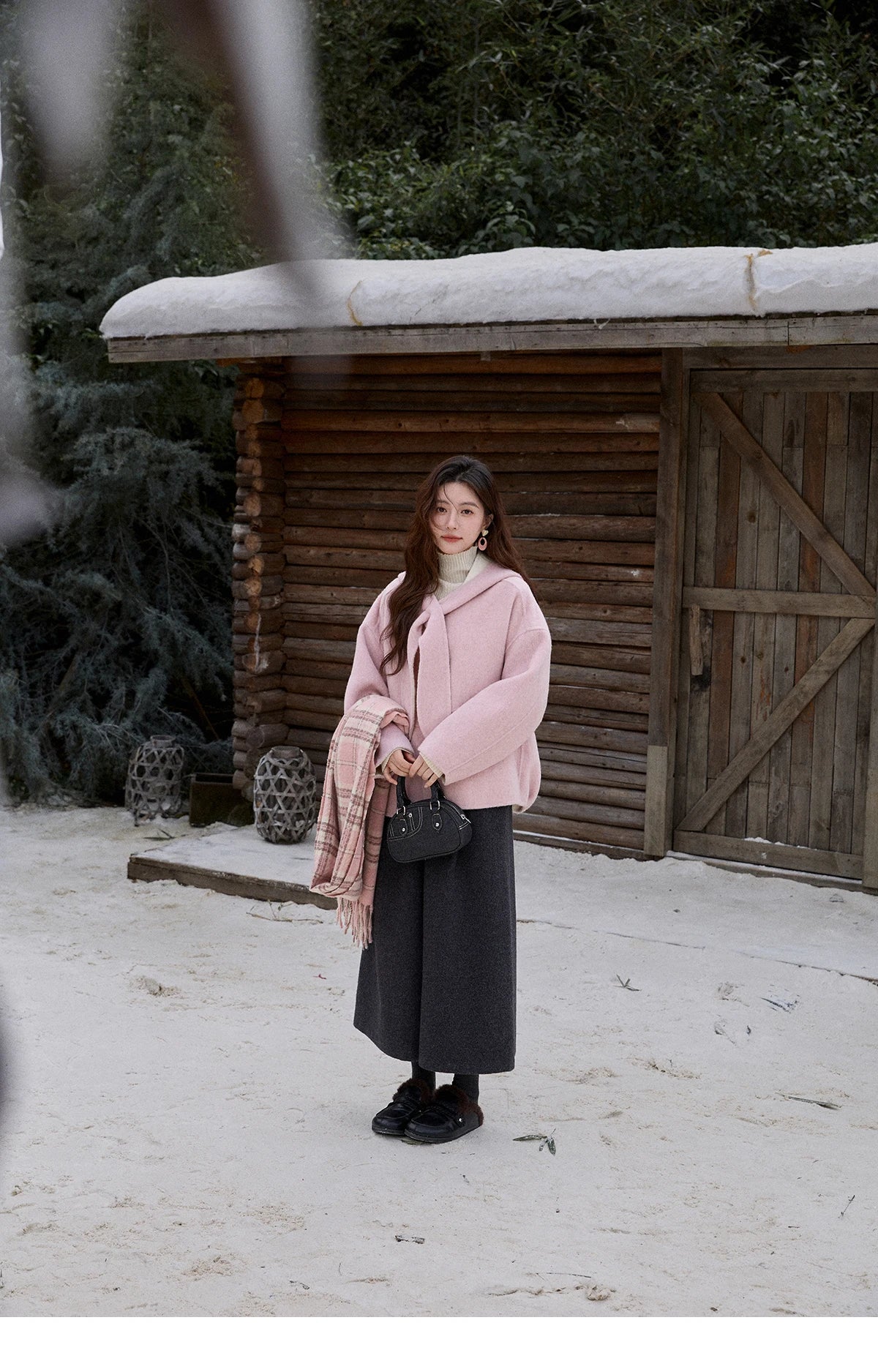 MISHOW Pink Wool Double-sided Woolen Coat Winter Hooded Bow Tie Strap Coats Loose Dropped Sleeves Coat Office Lady MXE91W1010