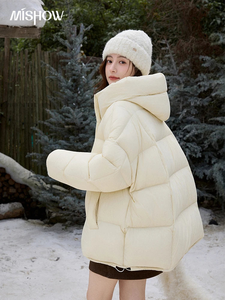 MISHOW Soft 90 Velvet Hooded Down Jacket for Women 2025 Winter Milk Yellow Bread Jacket Loose Jacket Warm Velvet Coat MXE92Y0090