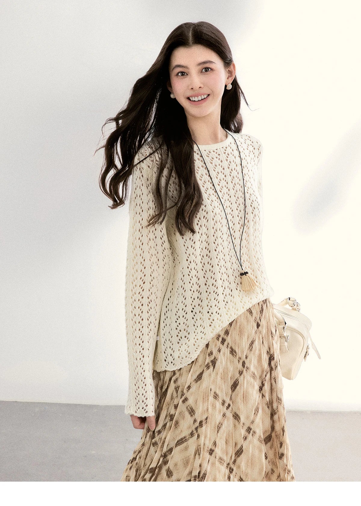 MISHOW Women's Hollow Out Knit Tops 2026 Spring Crew Neck Long Sleeve Tops Loose Casual Soft Breathable Beige Sweater MXF13Z3017